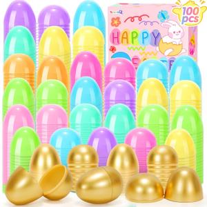 Plastic Easter Eggs Fillable, 100Pcs 2.4" Empty Colorful and Golden Eggs for Easter Basket Stuffers Gifts for Kids Party Favors Pinata Treasure Box Toys Classroom Goodie Bags Egg Hunt Supplies