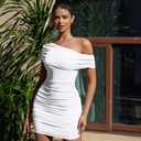 XXTAXN Women's Summer Sexy Elegant Cocktail Party One Shoulder Short Sleeve Ruched Mini Dress (White, S)
