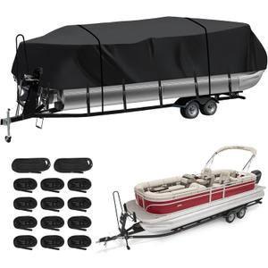 Heavy Duty Trailerable Pontoon Boat Cover (XXL), 24'3''-26'2'' Marine Grade Waterproof Cover with Adjustable Windproof Tightening Strap & Anti-UV for SunTracker Party Barge/SPORTFISH/Fishin Barge, Black