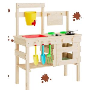 Outdoor Toy Kitchen Made of Solid Fir Wood – With Faucet, Double-Sided Table, Shelf, Sink and Hob – Garden Toys for Children From 3 Years