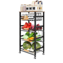 Fruit Vegetable Basket for Kitchen,5 Tier Pantry Organizer with Wheels,Snack cart with Wood Top,Metal Wire Storage Basket Organizer Baskets for Kitchen, Pantry, Bathroom