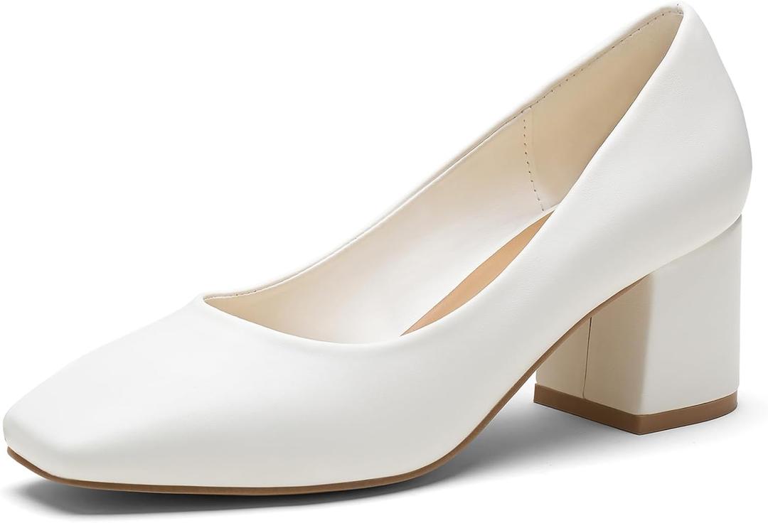 HEEZ Women's Pumps Chunky Block Low Heels Square Closed Toe Dress Shoes with Arch Support Comfortable Wedding Party Office Shoes Heel Pumps White, Size 6