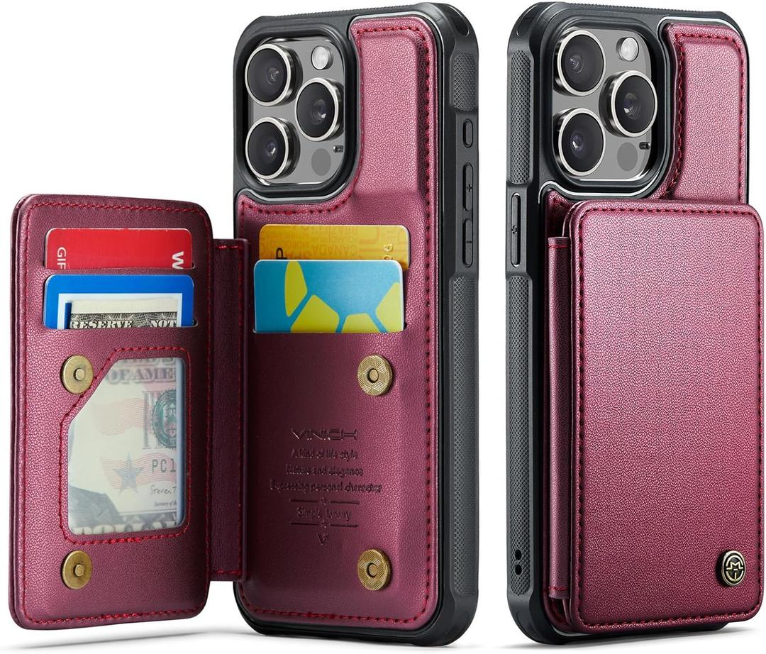 Vinich for iPhone 15 Pro Max Wallet Case with Card Holder, RFID Blocking Credit Slots Kickstand Shockproof Phone Cover for Women Men, Wine Red