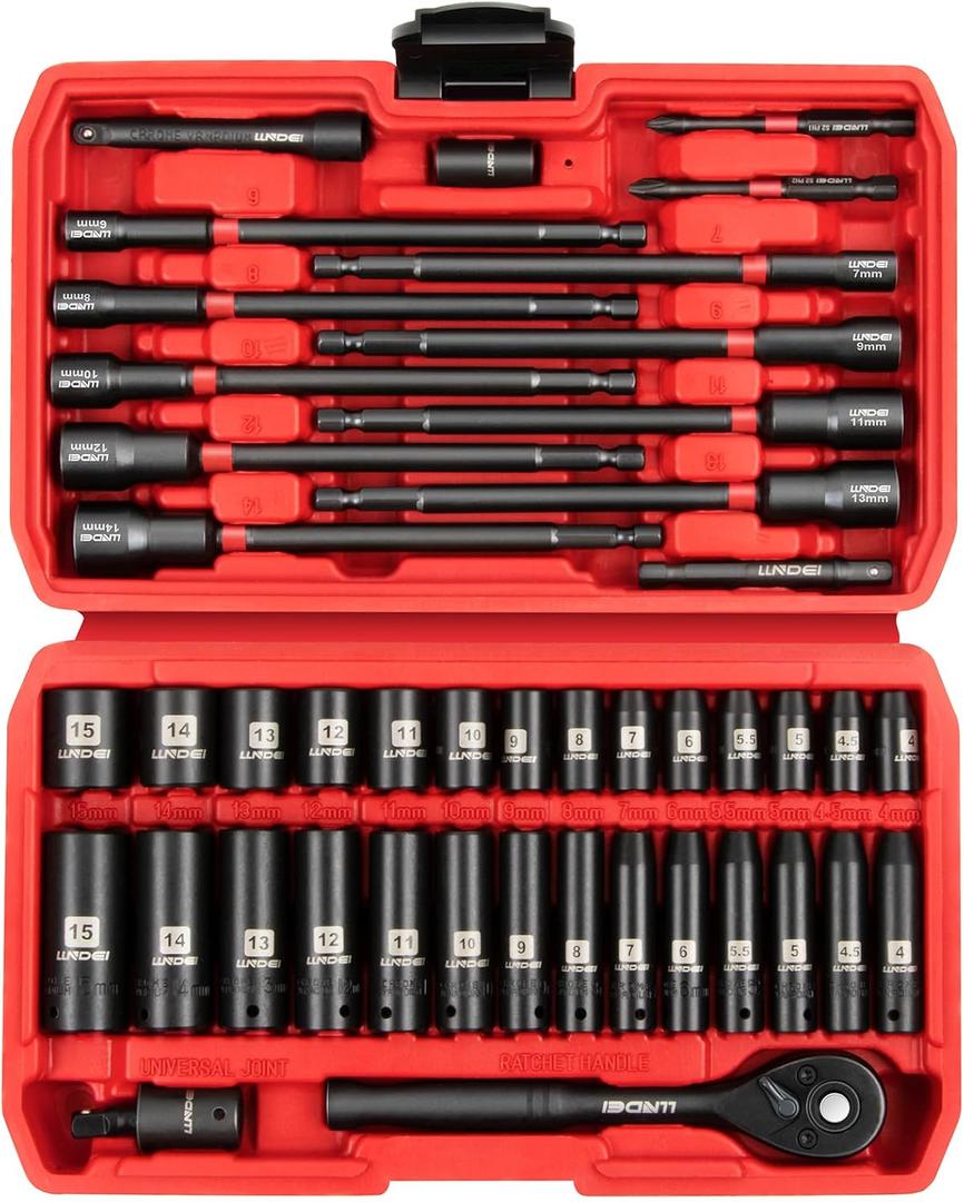 LLNDEI 1/4" Drive Socket Set & Nut Driver Set 44PCS, 1/4-Inch Sockets Deep&Shallow Metric(4-15mm) with Ratchet, 1/4" Hex Shank 6" Long Nut Drivers(6-14mm) for Impact Drill Bits(PH1 PH2)
