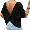 Women's Backless Twist Knot T Shirt Oversized Solid Short Sleeve Tees Open Back Asymmetrical Hem Casual Tops (X-Large, Black)