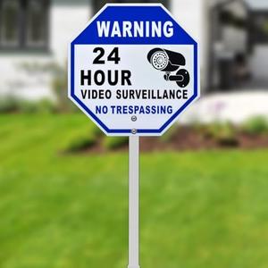 Kichwit Video Surveillance Sign for House, 12 x 12 Inch/37 Inch High, No Trespassing Sign for Outdoor, Aluminum, 27.5" Long Metal Stake, Blue