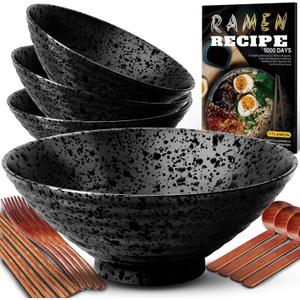 8-Inch Ceramic Ramen Bowl Set of 4 (17 Piece) - Porcelain Japanese Salad Noodles Cereal Fruit Pasta Soup Large Bowls with Recipes Chopsticks Forks Spoons for Men Women Gift Microwave Dishwasher Safe