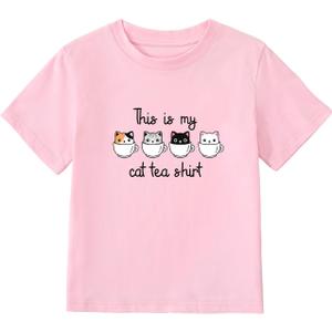 Girl's Cute Cat Graphic T-Shirts Funny Animal Lover Tee Pink (Pink)