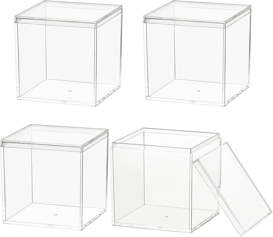 Small Clear Acrylic Box, 4 Pack Plastic Square Cube Containers with Lid Storage Box 2.9 X 2.9 X 2.9 inches/75X75X75mm for Candy Pill and Tiny Jewelry