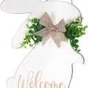 Easter Decorations Door Sign, Wooden Rustic Welcome Easter Front Door Hanger, White Easter Bunny Wreath Hanging For Spring Wall Home Farmhouse Indoor Outdoor Decor (Bunny)