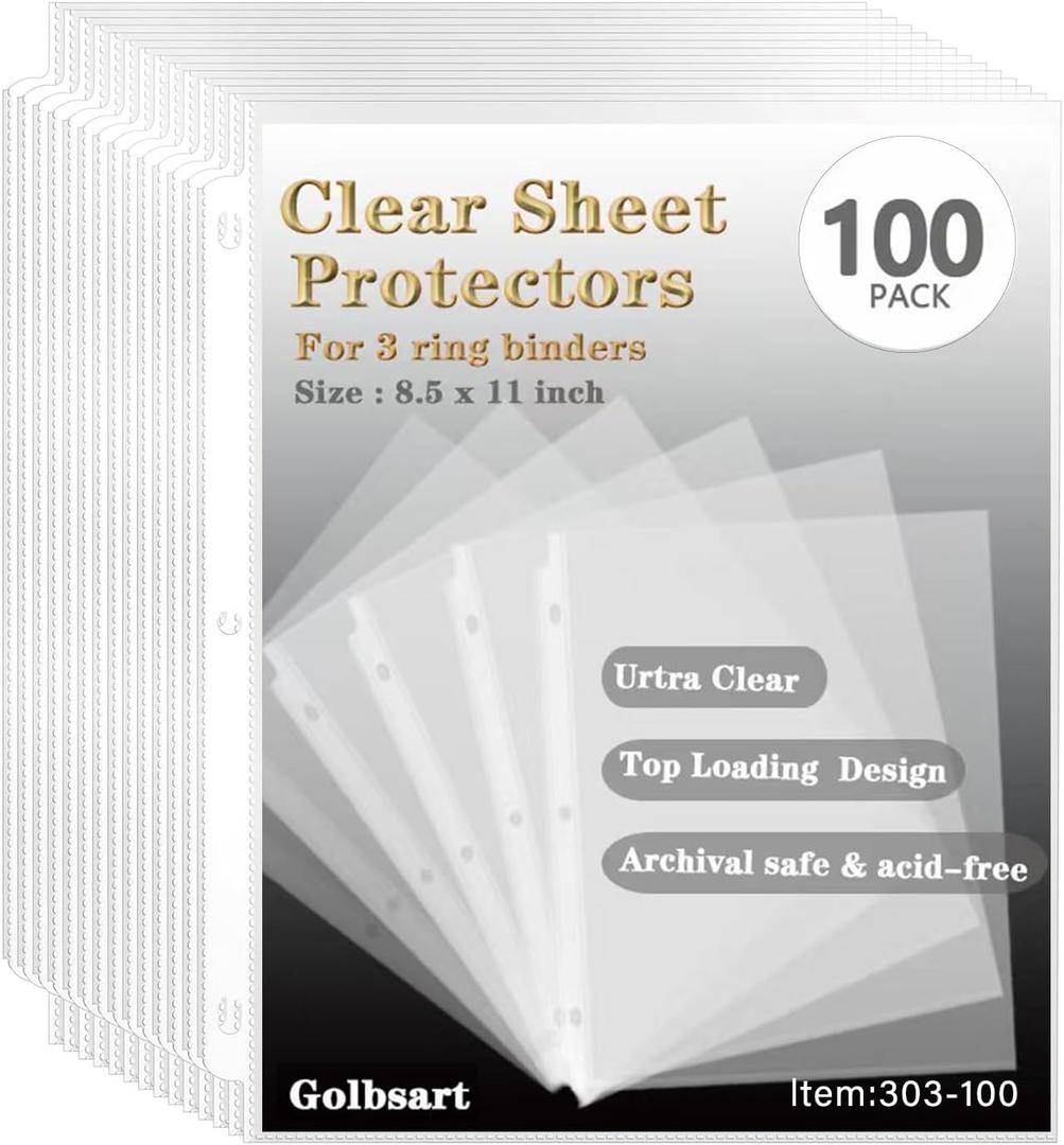 Golbsart Sheet Protectors 8.5 x 11, Page Protectors for 3 Ring Binder 100ct | Heavy Duty Clear Plastic Binder Sleeves Top-Loading Reinforced 3-Hole Edge for 3 Ring Binder, Letter Size Document Protection