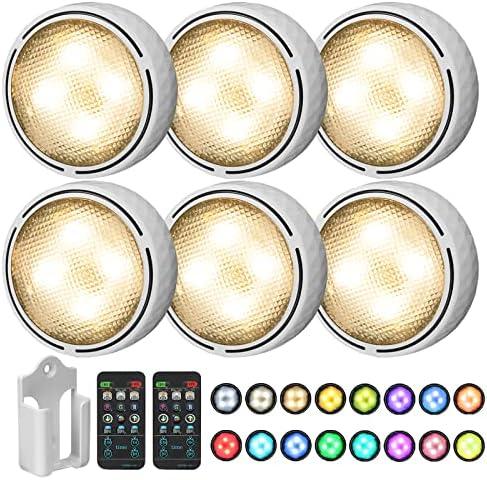 Onumii LED Puck Lights Battery Operated LED Under Cabinet Lighting Wireless Stick on Tap Lights with Remote Controll Color Changing Timer Function for Cabinets, Shelves, Closets - 6Pack White