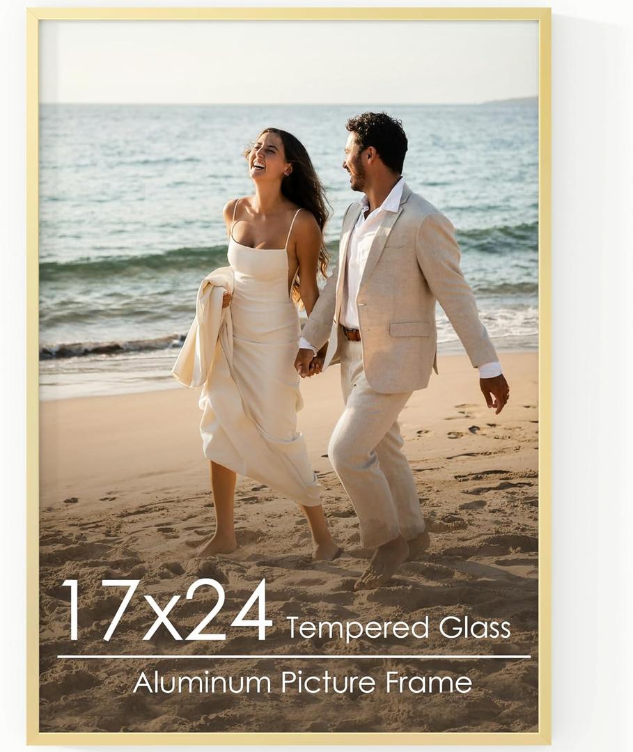 FLYJOE 17x24 Metal Picture Frame - Gold Aluminum Picture Frames with Real Glass, Wall Mounting Horizontally or Vertically, Diploma, Certificates and Decor for Wall Gallery 24x17 Frame, Gold