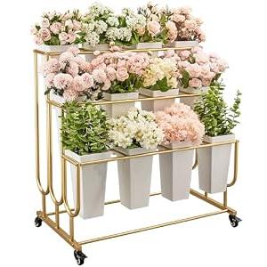 Flower Display Stand Frame, 3-Tier Flower Cart with Wheels, Metal Floral Display Rack , Moving Florist Bouquet Shelf for Shop , Flower Bar, Events (Gold - 3 Tier) , Without Flower Buckets