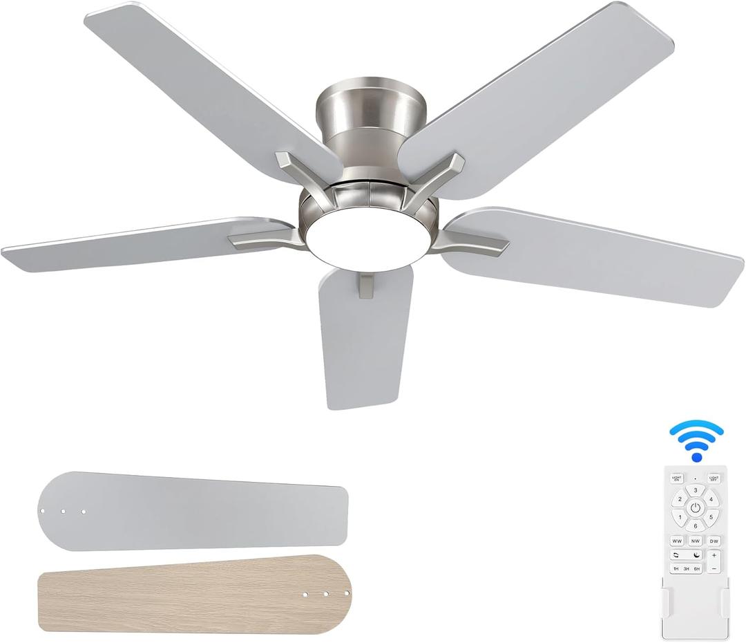 42 Inch Ceiling Fans With Lights and Remote, Brushed Nickel Flush Mount Low Profile Ceiling Fan for Bedroom, Living Room, Patio, Dimmable 6 Speeds Noiseless Reversible, ETL Listed