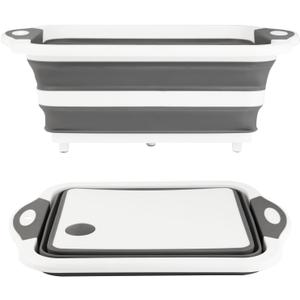 Collapsible BBQ Prep Tub/Cutting Board 10L, Foldable Dish Tub with Colander, Portable Camping Sink, Multifunction Dishing Basin Bucket Wash Tub for Kitchen Fruit Vegetable Picnic (Gray)