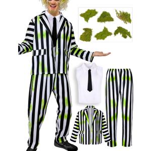 Halloween Black and White Striped Blazer Suit for Men Tie Shirt Green Face Sticker Outfit Costume (L)