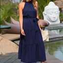 PRETTYGARDEN Women's Summer Floral Maxi Sun Dress Sleeveless Halter Neck Flowy Ruffle Hem Long Boho Dresses with Belt (Blue, M)