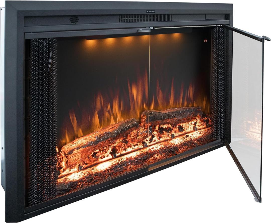 Benrocks 50'' Electric Fireplace Inserts with Glass Door, Recessed Wall Electric Fireplace Heater with Fire Crackling Sound, Adjustable Top Light & Flame Speed, Overheating Protection, 750/1500W Black
