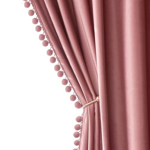 MIULEE Blush Pink Pom Pom Velvet Curtains for Kids Bedroom/Living Room Darkening Thermal Insulating 84 Inches Long Boho Blackout Curtains with Rod Pocket for Girls Room/Nursery/Home Theater Pack of 1