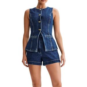 Womens Denim 2 Piece Set Sleeveless Button Down Vest Tops Short Pants Suit Sets L