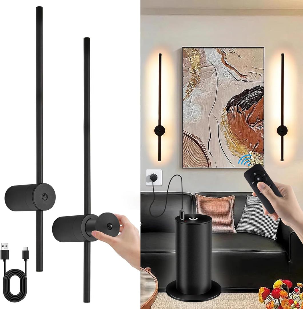 Battery Operated Wall Sconces with Remote Control, USB Rechargeable Wall Lights Wireless, Dimmable LED Wall Sconce Set of 2, 360 Rotation Adjustable Wall Decor for Living Room Bedroom, Black, 24 Inch