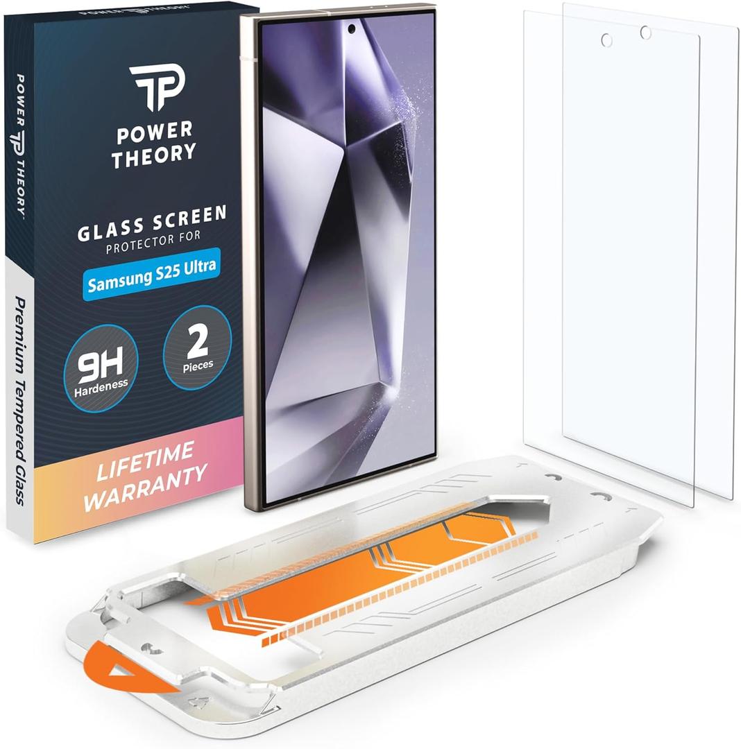 Power Theory Designed for Samsung Galaxy S25 Ultra Screen Protector Tempered Glass [9H Hardness], Easy Install Kit, 99% HD Bubble Free Clear, Case Friendly, Anti-Scratch, 2 Pack (Transparent)