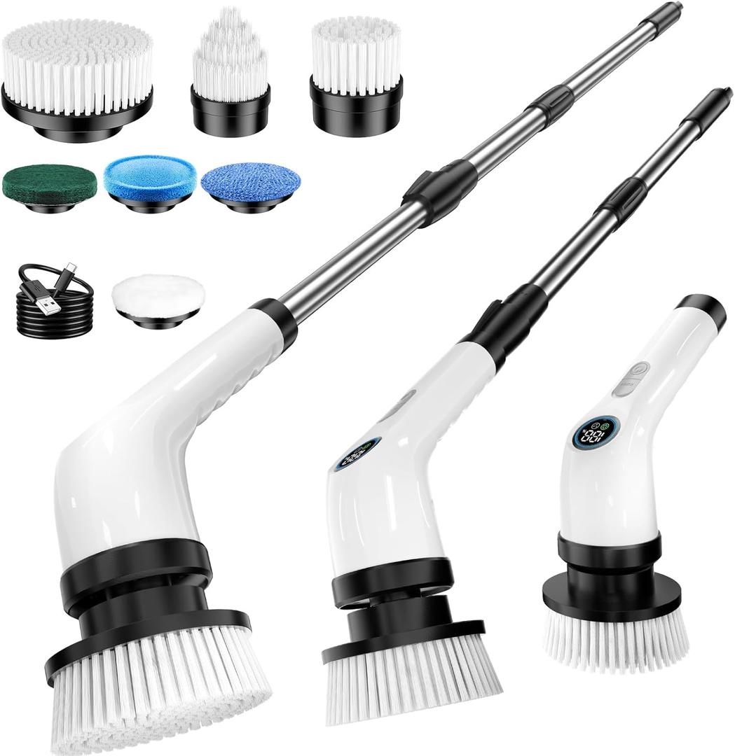Electric Spin Scrubber Upgraded Battery with Extra-Long Runtime, IPX7 Waterproof Power Cleaner with 7 Brush Heads, 2 Speeds Adjustable Long Handle for Bathroom, Floor, Shower, Tile & Kitchen Cleaning (White)