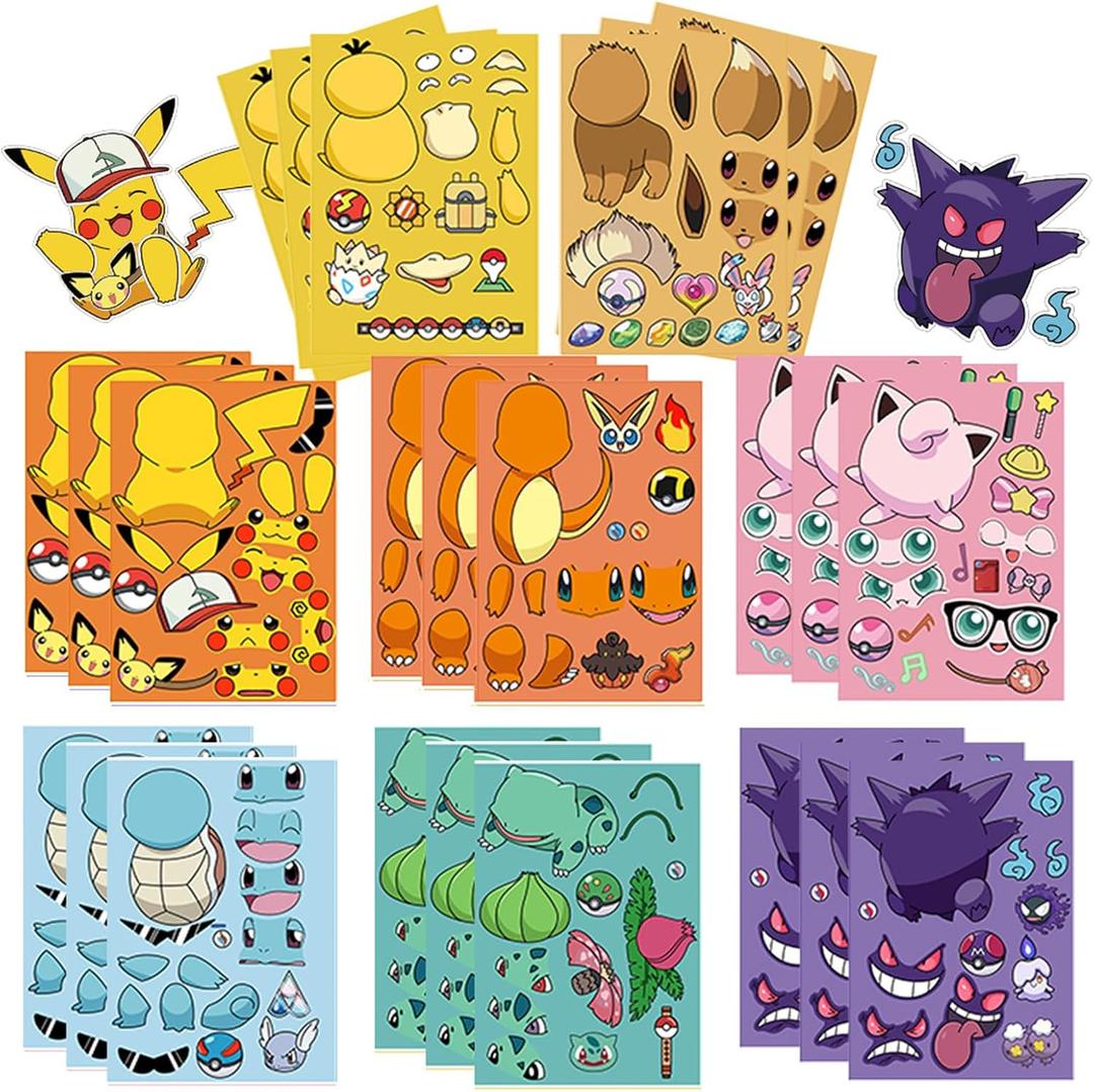 3 x 24Sheets Make-a-face Cartoon Pet Sticker,Make Your Own Mixed & Matched with 8 Designed Characters Monster Sticker for Birthday Party Supplies Favors (POK24)