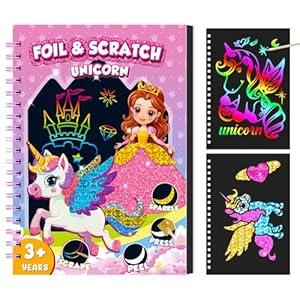 Homicozy Art & Craft Activity for Kids: Foil Fun Unicorns and Princess & Scratch Art Book 2-in-1, No Mess Art Crafts for Girls, DIY Creative Activity Kit, Gifts for Girls Ages 4, 5, 6, 7, 8, 9, Travel Toys
