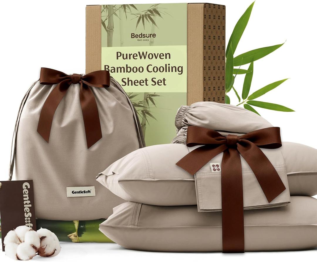 Bedsure Bamboo Viscose Cooling Sheets, Rayon Cotton Serene Blend, PureWoven, Breathable & Buttery Soft King Size Sheets Set, Deep Pocket Up to 18", Hotel Luxury Bedding for Hot Sleepers, Simply Taupe