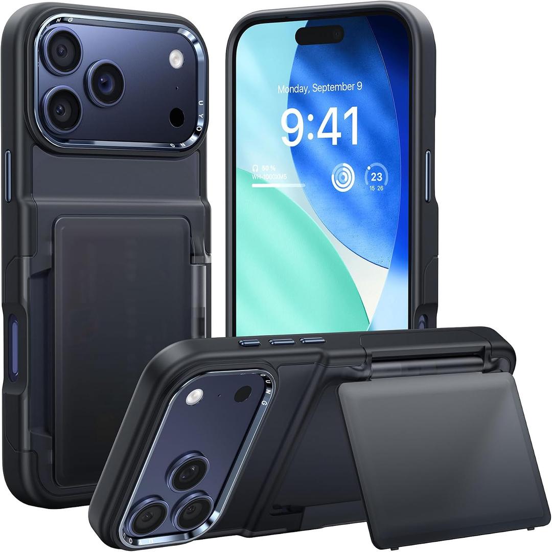 2 x UYOUNG for iPhone 17 Pro Max Case Wallet with Card Holder, High End Metal Frame Lens Cover, Military Drop Protection, Rugged Heavy Duty Men Women Protective Phone Case for iPhone 17 Pro Max, Black