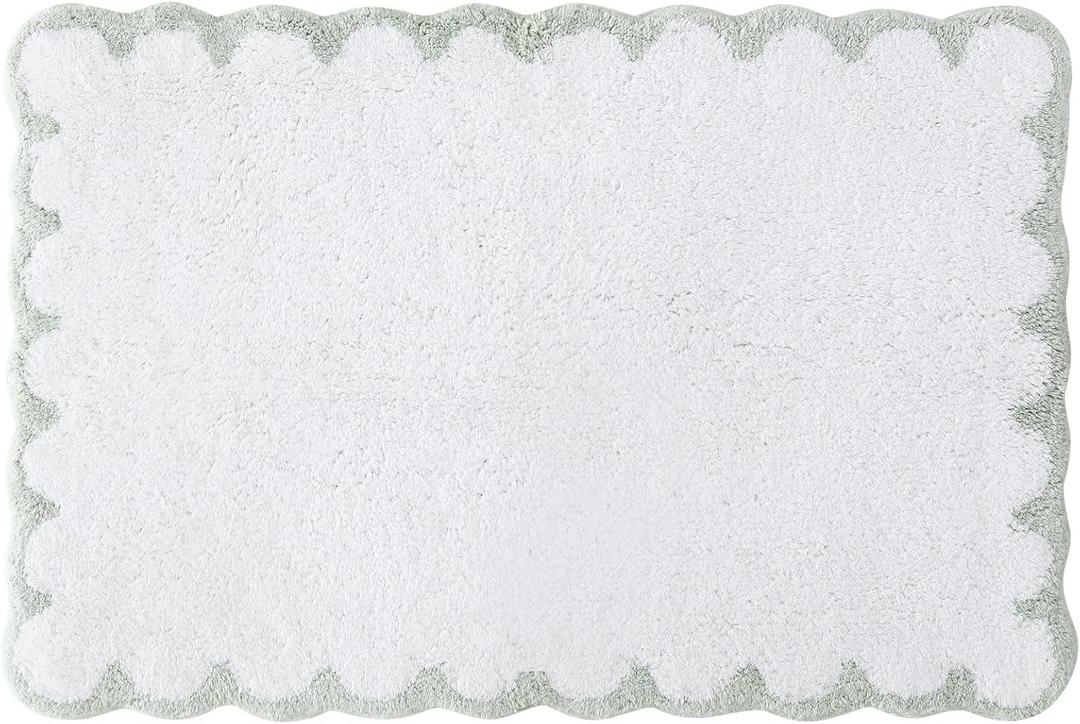 Peri Home 100% Cotton Rug for Bathroom, Embroidered, Soft & Absorbent, Tufted, 20" x 30", White with Sage Scallop