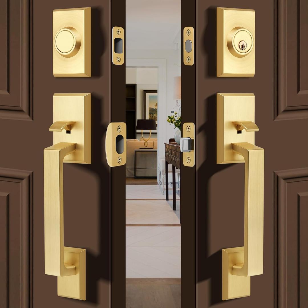 Double Front Door Lock Set, Square Heavy Duty Double Door Handle with Dummy, Entry Handleset with Deadbolt Combo, Double Door Lock Set for Front or Office Doors, Satin Brass