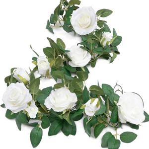 White Rose Garland Simulation Flower Garland for Wedding Bells Decoration Artificial Flower for Party Furniture Garden Tablescape Decoration (200cm/6.5ft)