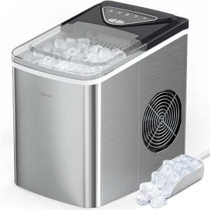 Silonn Ice Makers Countertop, 9 Cubes Ready in 6 Mins, 26lbs in 24Hrs, Self-Cleaning Ice Machine with Ice Scoop and Basket, 2 Sizes of Bullet Ice for Home Kitchen Office Bar Party (Stainless Steel)