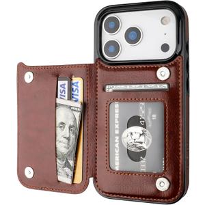 ONETOP Compatible with iPhone 17 Pro Wallet Case with Card Holder, PU Leather Kickstand Card Slots Case, Double Magnetic Clasp and Durable Shockproof Cover 6.3 Inch (Brown)