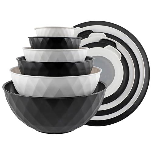 COOK WITH COLOR Mixing Bowls with Lids - 12 Piece Plastic Nesting Bowls Set includes 6 Prep Bowls and 6 Lids, Non Slip Bottom and Diamond Design - Microwave Safe (Mint)