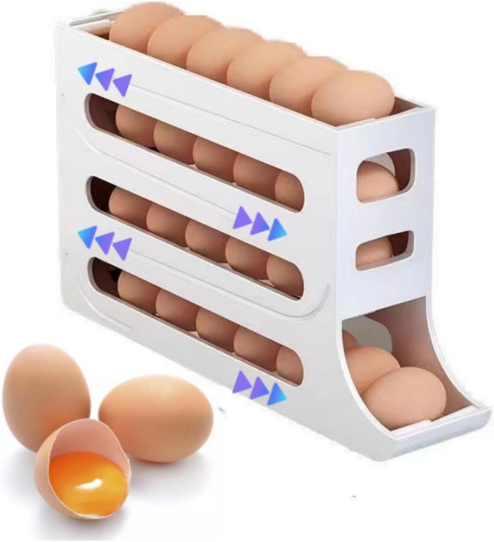 24 Eggs Egg Holder for Fridge,4 Tiers Egg Container,Auto Rolling Fridge Egg Organizer for Refrigerator,Space-Saving Egg Dispenser Holder,Fridge Egg Rack (White, 1pack)