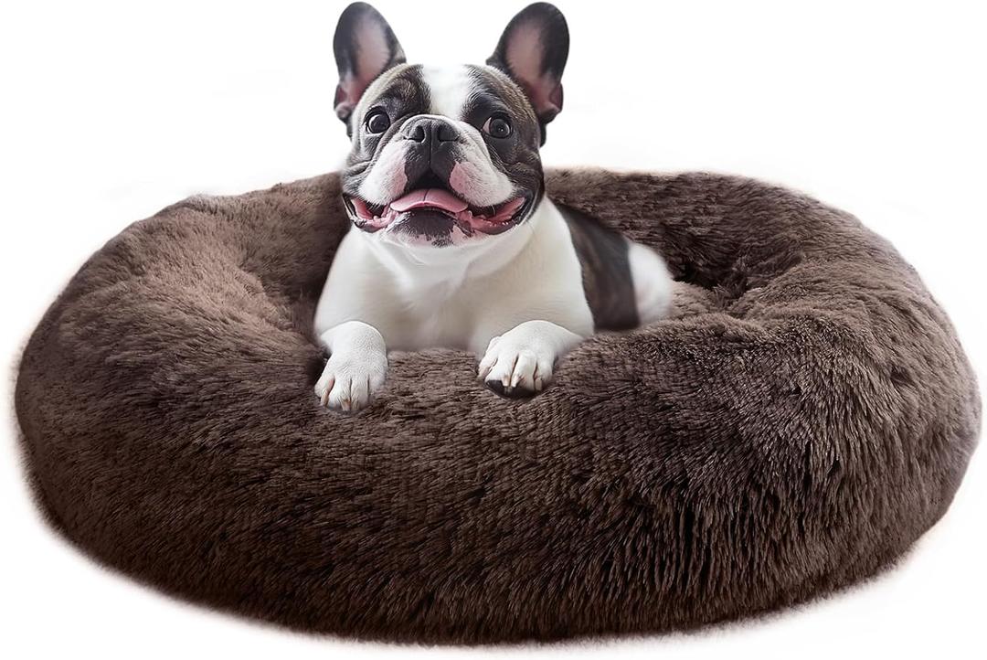 JOLLYVOGUE Calming Small Dog & Cat Bed for Indoor Cats - 20 inches Washable Donut Bed for Kittens & Puppies, Anti-Anxiety Round Fluffy Plush Pet Beds (Fits up to 15 lbs) (Chocolate)