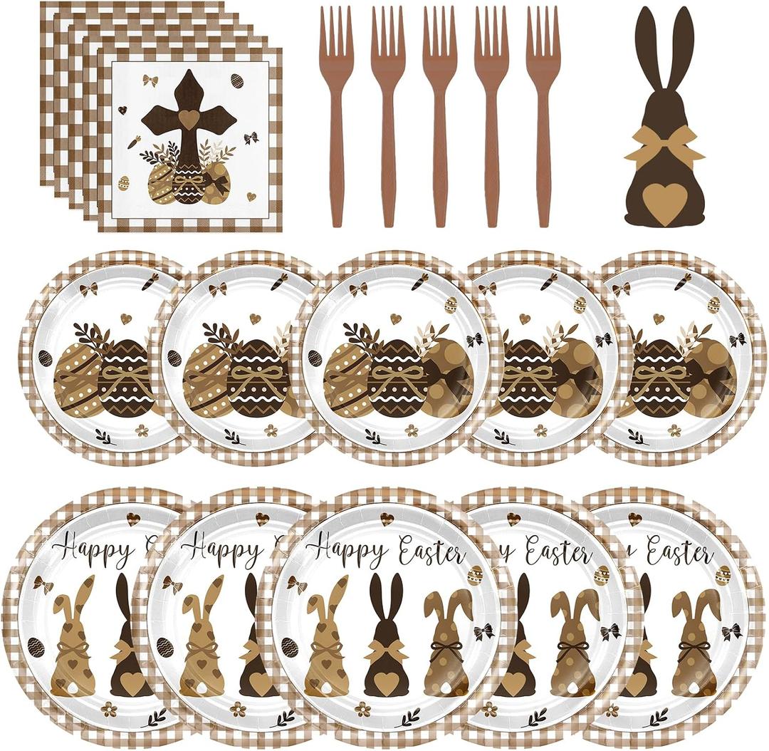 Avezano 96 pcs Easter Plates and Napkins Disposable Happy Easter Paper Plates Dinnerware set Buffalo Plaid Brown Bunny Eggs Tableware Serves 24