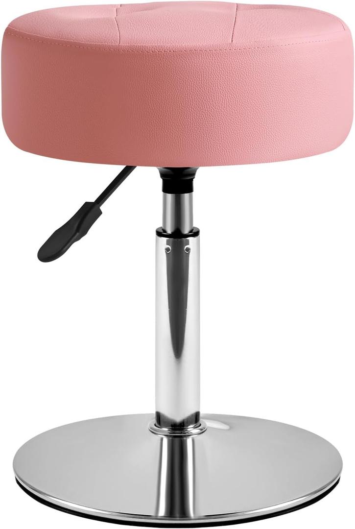 IBUYKE Height Adjustable 360Swivel Vanity Stool, Tufted Round Vanity Chair for Makeup Room, Faux Leather Vanity Stool for Bathroom, Living Room, Modern Ottoman, Pink WBD025P