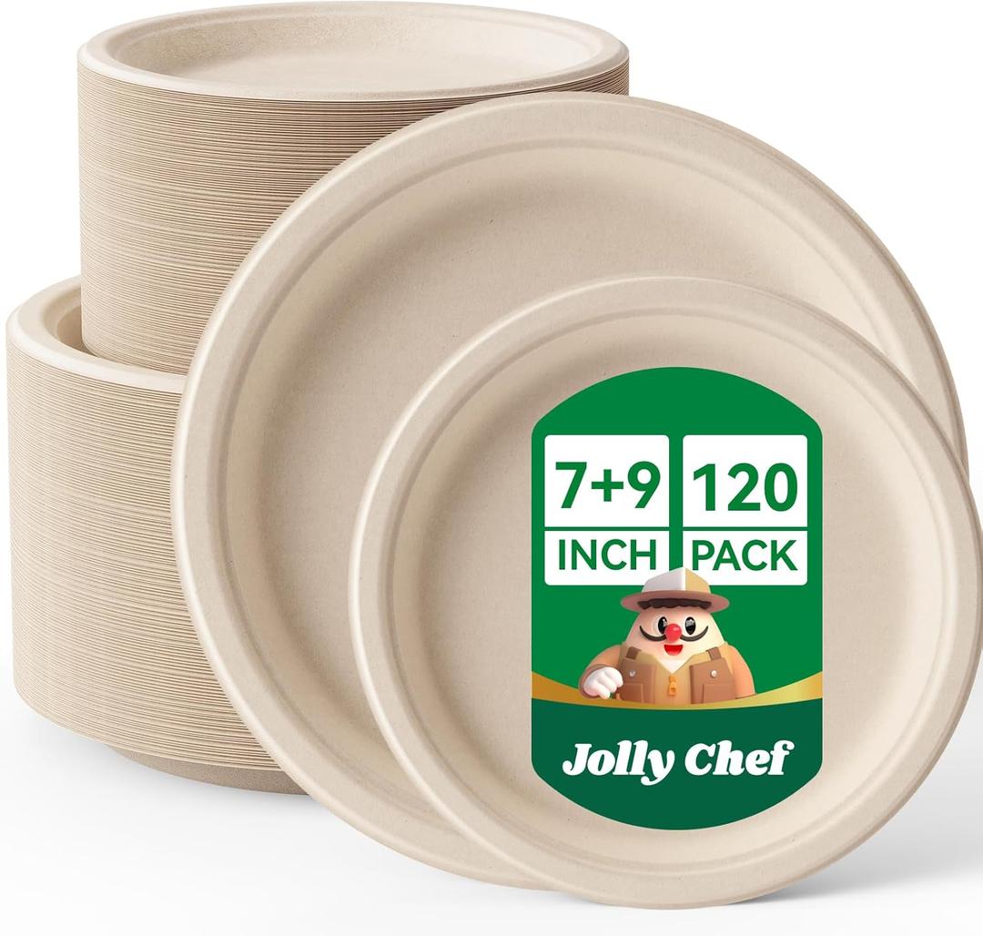 JOLLY CHEF Compostable Heavy Duty Plates      [ ] Eco-Friendly Disposable Paper Plates Bagasse Biodegradable Sugarcane for Party Hot Cold Foods Christmas(Brown)