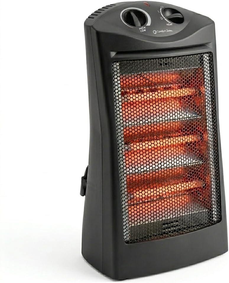 Comfort Zone Space Heaters for Indoor Use, Portable Electric Heater, Adjustable Thermostat, Infrared Heat, Quartz Tower Space Heater with 2 Heat Settings, Bedroom Heater, Black
