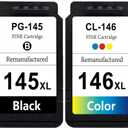 Remanufactured for Canon Ink Cartridges 145XL and 146XL PG-145XL CL-146XL Replacement Ink for MG2510 TS3110 IP2810 MG2410 MG2910 MG3010 Printers Muti Pack 1 Black 1 Color
