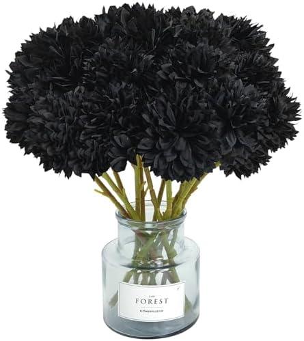 Tinsow 12 Pcs Faux Ball Chrysanthemum Bouquet Black Flowers for Home Halloween Party Fall Harvest Festival Decoration (Black, 12)