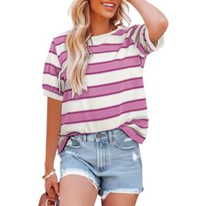 Dokotoo Spring Tops for Women Holiday Striped Color Block Short Sleeve Shirts Crewneck Summer Casual Loose Cozy Basic Fashion T-Shirts Cute Ladies Tee Blouses Vacation Cruise Outfits, Pink, XX-Large