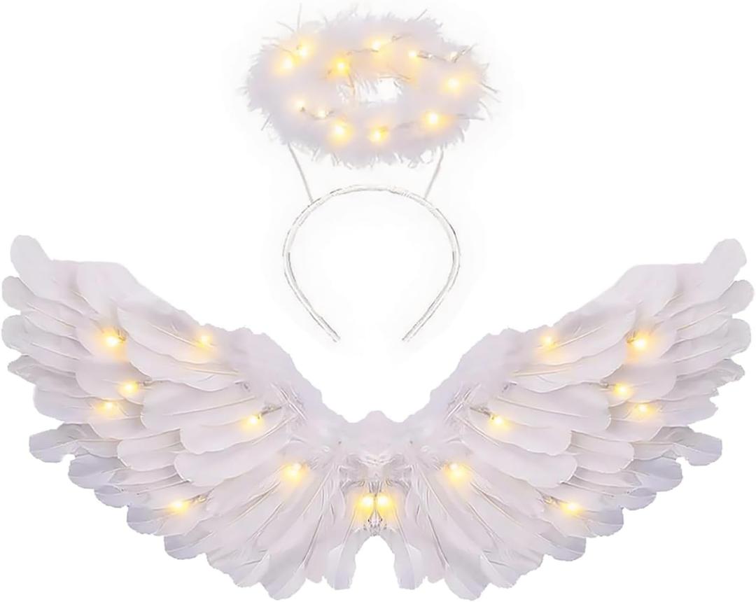 CLONG Angel Costume Wings and Halo White Wings for Girls Kids Women Halloween (Medium)
