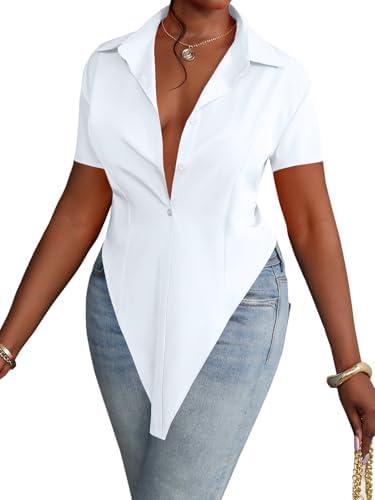 LYANER Women's Collar V Neck Button Front Short Sleeve Slit Hem Long Shirt Blouse Top, size small