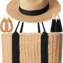 Glitopper 4 Pcs Straw Bag Woven Bag and Rattan Wicker Hat Tassel Earrings Set Summer Tote Handbag for Woman Vacation Boho Accessories